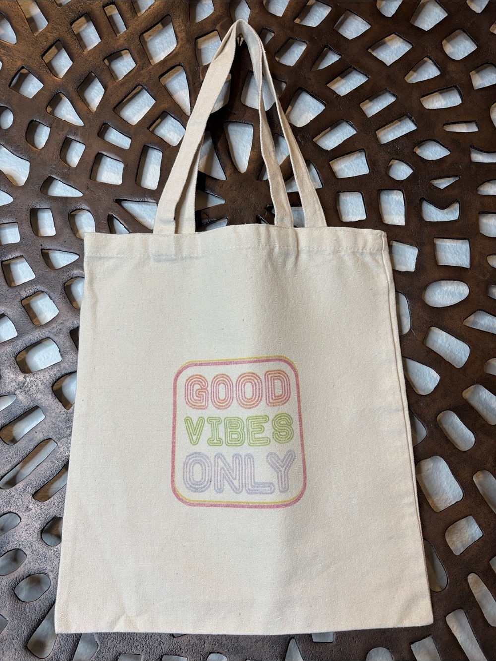 🌈 Good Vibes Only Canvas Tote Bag Neutral Pastel Graphic 12x15 Reusable Shopper